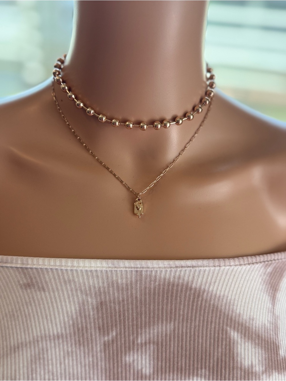 Gold Layered Ball Bead Chain Paperclip Necklace Key Pendant Set